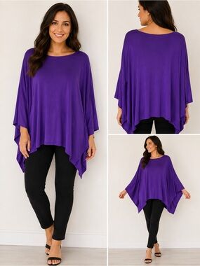 ASKARI Purple Women's Flowing Poncho Sleeve Tunic Top Asymmetrical Hem Blouse